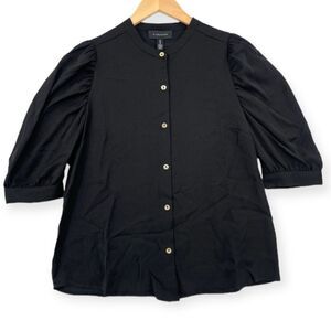~H by Halston Women's Black Mandarin Collar Puff-sleeve Blouse NWT M